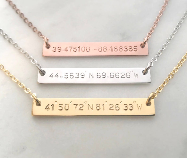 Custom Hand Stamped Gold Silver Coordinates Bar Necklace, Personalized Location GPS Latitude Longitude Letter, Wedding Gift,Anniversary Gift 