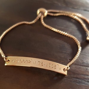 Custom Gold, Silver, Rose gold Adjustable Bracelet, Personalized Roman Numeral Date, Location GPS Coordinates, Latitude Longitude Bracelet