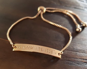 Custom Gold, Silver, Rose gold Adjustable Bracelet, Personalized Roman Numeral Date, Location GPS Coordinates, Latitude Longitude Bracelet