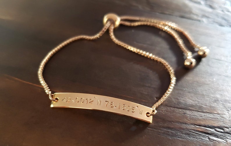 Custom Gold, Silver, Rose gold Adjustable Bracelet, Personalized Roman Numeral Date, Location GPS Coordinates, Latitude Longitude Bracelet image 1