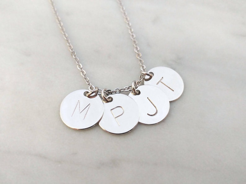 Personalized Dainty Silver Hand Stamped Initial Disc Necklace, Custom Letter Coin, Family Tree Necklace, Monogram Charm, Bridesmaid Gift image 4
