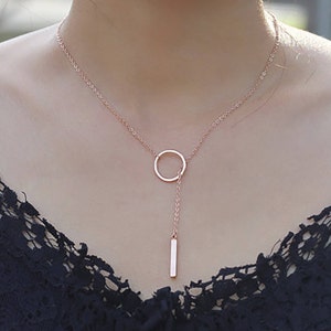 Custom Personalized Dainty Hand Stamped Initial Letter Short Lariat Necklace, Gold Silver Rose Gold Drop Vertical Bar Ring Charm Y Necklace image 7