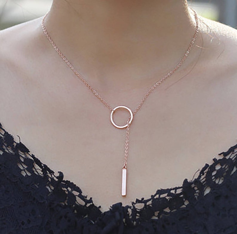 Custom Personalized Dainty Hand Stamped Initial Letter Short Lariat Necklace, Gold Silver Rose Gold Drop Vertical Bar Ring Charm Y Necklace image 7