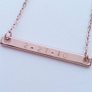 Custom Dainty Rose Gold Date Name Bar Necklace, Hand stamped Rose Gold Bar Necklace, Personalized Necklace, Bridesmaid Gift, Family Gift