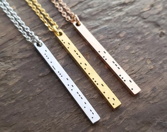 Personalized with Morse Code, Location, Date, Name Engraved Necklace High Quality Stainless Steel Gold Rose Gold Vertical Bar Necklace