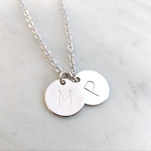 Personalized Dainty Silver Hand Stamped Initial Disc Necklace, Custom Letter Coin, Family Tree Necklace, Monogram Charm, Bridesmaid Gift image 2