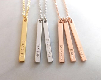 Custom Dainty Name Dated Bar Necklace, Hand stamped Letter Gold Silver Rose Gold Vertical Multi Necklace, Bridesmaid Gift, Mother's Day Gift