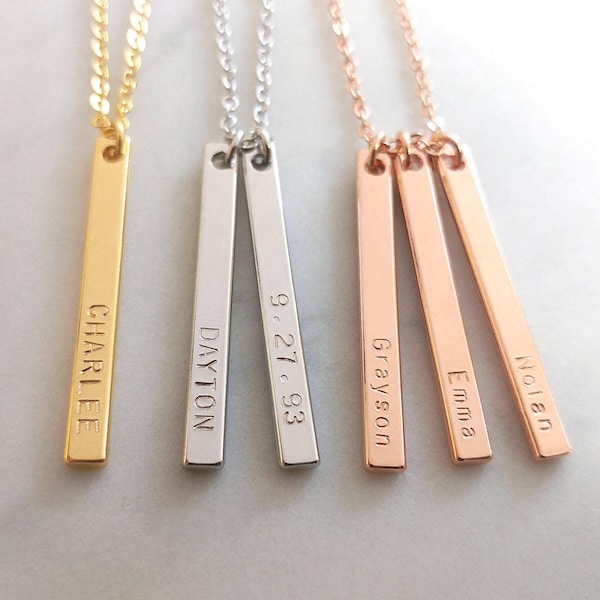 Custom Dainty Name Dated Bar Necklace, Hand stamped Letter Gold Silver Rose Gold Vertical Multi Necklace, Bridesmaid Gift, Mother's Day Gift