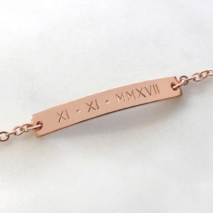 Custom Hand Stamped Rose Gold Roman Numeral Number Nameplate Bracelet, Personalized Bracelet, Birthday Gift, Anniversary gift