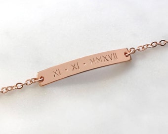 Custom Hand Stamped Rose Gold Roman Numeral Number Nameplate Bracelet, Personalized Bracelet, Birthday Gift, Anniversary gift