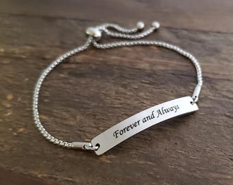 Personalized Name Date Adjustable Stainless Steel Slider Bracelet, Gold Silver Rose Gold Bar, Coordinate Gift, Handwriting Drawing Engraving