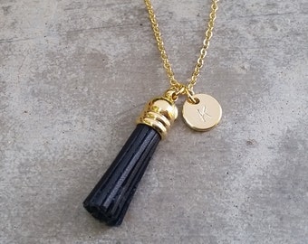 Custom Genuine Leather Small Black Tassel Necklace, Hand stamped Initial Necklace, Personalized Necklace, Mother's Day Gift, Graduation Gift