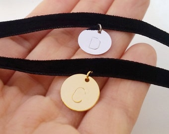 Personalized Delicate Disc Choker Necklace, Gold Silver Initial Necklace, Handmade Velvet Choker Necklace, Letter Necklace