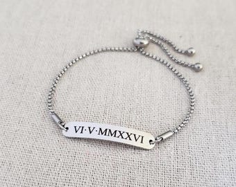 Personalized Bar Slider Bracelet, Engraved Name Date Coordinates, Adjustable Stainless Steel, Gold Silver Rose Gold, Handwriting Drawing