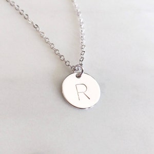 Personalized Dainty Silver Hand Stamped Initial Disc Necklace, Custom Letter Coin, Family Tree Necklace, Monogram Charm, Bridesmaid Gift image 1