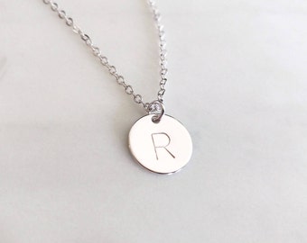 Personalized Dainty Silver Hand Stamped Initial Disc Necklace, Custom Letter Coin, Family Tree Necklace, Monogram Charm, Bridesmaid Gift