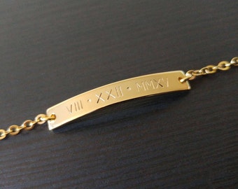 Custom Hand Stamped Gold Silver Roman Numeral Date Bar Bracelet, Personalized Roman Date Bracelet, Stamped Letter Bracelet, Bridesmaid Gift