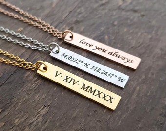 Personalized with Location Coordinates, Date, Name Engraved Necklace Custom High Quality Stainless Steel Gold RoseGold Vertical Bar Necklace