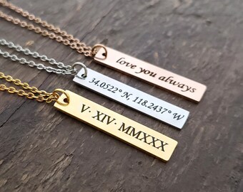 Personalized with Location Coordinates, Date, Name Engraved Necklace Custom High Quality Stainless Steel Gold RoseGold Vertical Bar Necklace