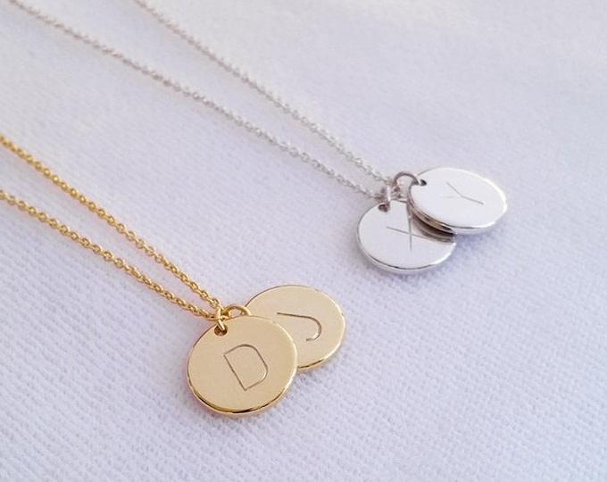Personalized Disc Letter Necklace, Two Initial Gold, Silver Monogram Charm Necklace, Initial Circle Coin Pendant, Bridesmaid gift