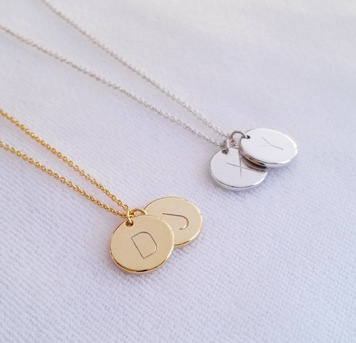 Personalized Disc Letter Necklace, Two Initial Gold, Silver Monogram …