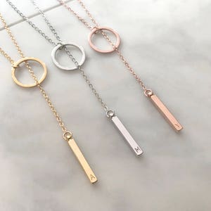 Custom Personalized Dainty Hand Stamped Initial Letter Short Lariat Necklace, Gold Silver Rose Gold Drop Vertical Bar Ring Charm Y Necklace image 2