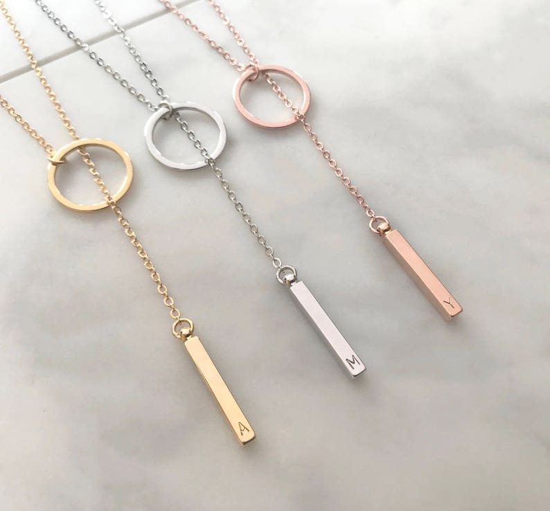 Custom Personalized Dainty Hand Stamped Initial Letter Short Lariat Necklace, Gold Silver Rose Gold Drop Vertical Bar Ring Charm Y Necklace image 2