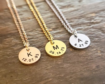 Personalized High Quality Stainless Steel Engraving Initial Gold Rose Gold Disc Necklace, Custom Name Date Letter Necklace