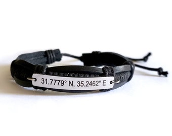 Personalized Engraved Stainless Steel Bar Leather Adjustable Bracelet, Customizable with Location, Name, and More, Gift For Him