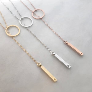 Custom Personalized Dainty Hand Stamped Initial Letter Short Lariat Necklace, Gold Silver Rose Gold Drop Vertical Bar Ring Charm Y Necklace image 1