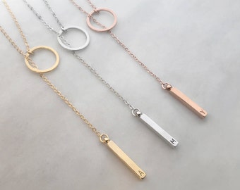 Custom Personalized Dainty Hand Stamped Initial Letter Short Lariat Necklace, Gold Silver Rose Gold Drop Vertical Bar Ring Charm Y Necklace