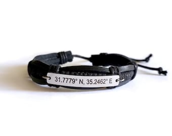 Personalized Engraved Stainless Steel Bar Leather Adjustable Bracelet, Customizable with Location, Name, and More, Gift For Him