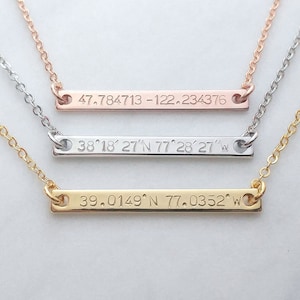 Custom Coordinates Necklace, Location GPS Coordinates, Latitude Longitude, Gold Silver Rose Gold Dainty horizontal Necklace Anniversary Gift image 1