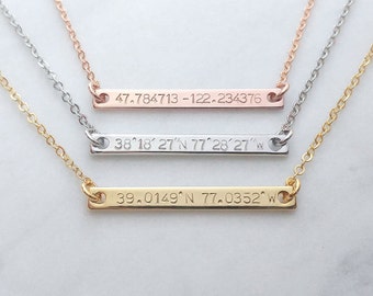 Custom Coordinates Necklace, Location GPS Coordinates, Latitude Longitude, Gold Silver Rose Gold Dainty horizontal Necklace Anniversary Gift