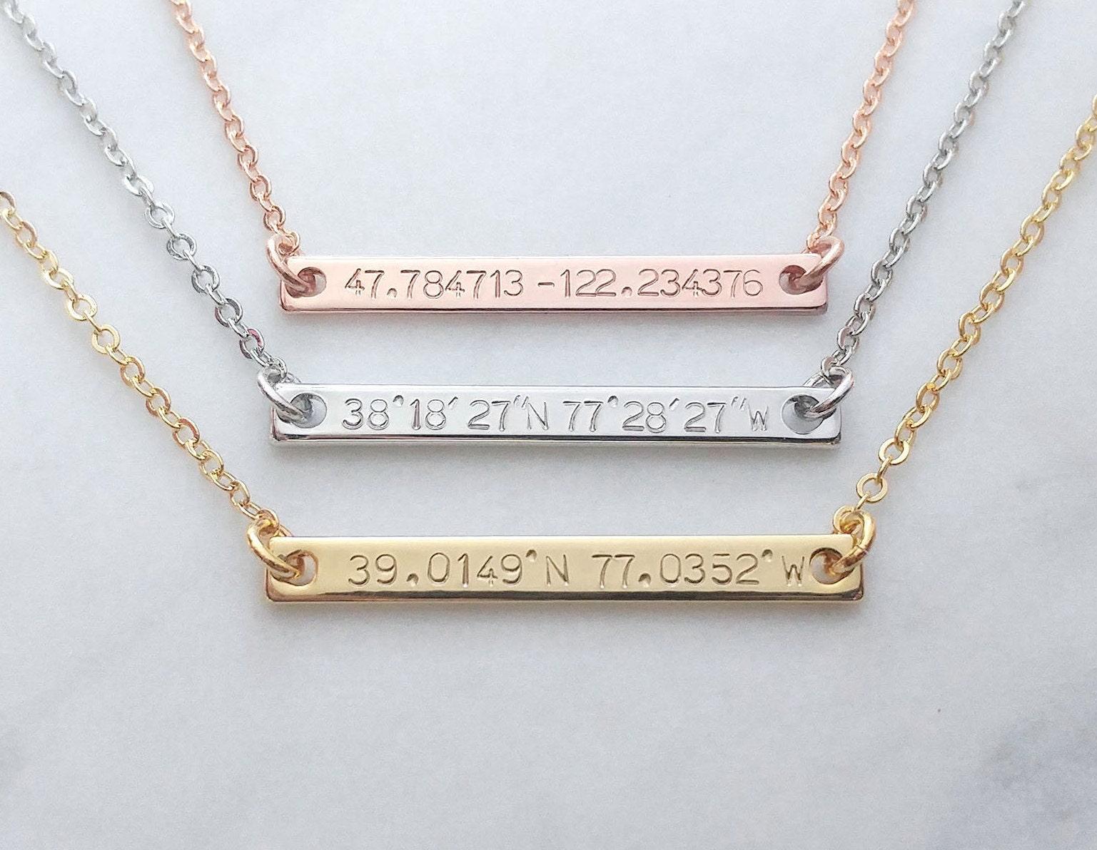 Gold bar shop necklace with coordinates
