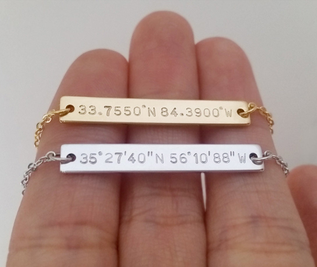 Custom Hand Stamped Gold Silver Coordinates Bar Necklace Etsy