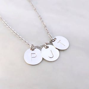Personalized Dainty Silver Hand Stamped Initial Disc Necklace, Custom Letter Coin, Family Tree Necklace, Monogram Charm, Bridesmaid Gift image 3