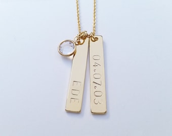 Custom Double Hand Stamped Swarovski Crystal Birthstone Birth Stone Name Date Vertical Tag Necklace Personalized Two Gold Silver Bar Gift