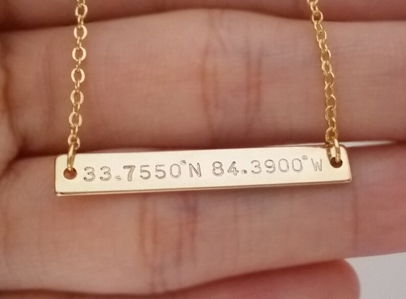 Custom Hand Stamped Gold Silver Coordinates Bar Necklace Etsy