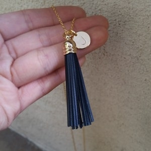 Custom Genuine Leather Black Tassel Necklace, Handmade Necklace, Hand Stamped Initial Necklace, Personalized Necklace, Graduation Gift