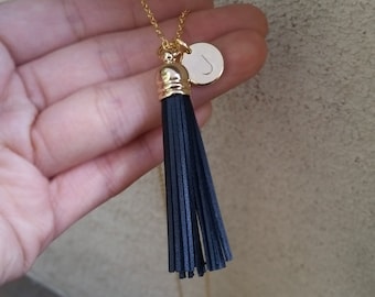 Custom Genuine Leather Black Tassel Necklace, Handmade Necklace, Hand Stamped Initial Necklace, Personalized Necklace, Graduation Gift