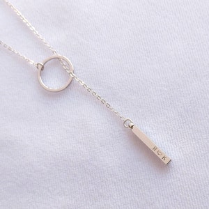 Custom Personalized Dainty Hand Stamped Initial Letter Short Lariat Necklace, Gold Silver Rose Gold Drop Vertical Bar Ring Charm Y Necklace image 3