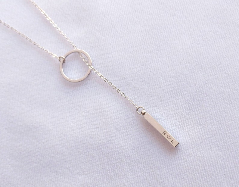 Custom Personalized Dainty Hand Stamped Initial Letter Short Lariat Necklace, Gold Silver Rose Gold Drop Vertical Bar Ring Charm Y Necklace image 3