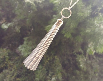 Genuine Leather Long Silver Tassel Necklace, Handmade Tassel Necklace, Layered Necklace, Mother's Day Gift, Graduation Gift