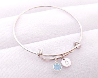 Personalized Gold Silver Swarovski Crystal Birthstone Birth Stone Monogram Bangle Bracelet, Custom Hand Stamped  Initial Disc Cuff