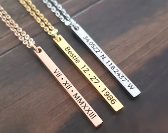 Custom Engraved Vertical Bar Necklace - Personalized with Location Coordinates, Date, Name - High-Quality Stainless Steel - Dainty Name Bar