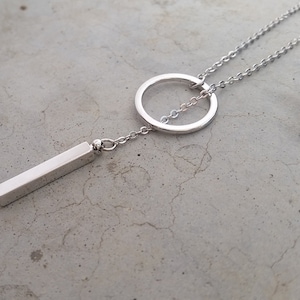 Silver Drop Bar Necklace, Drop Ring Charm Necklace, SIlver Lariat Layered Y Necklce, Y Necklce, Birthday Gift