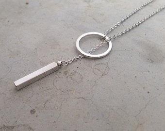 Silver Drop Bar Necklace, Drop Ring Charm Necklace, SIlver Lariat Layered Y Necklce, Y Necklce, Birthday Gift