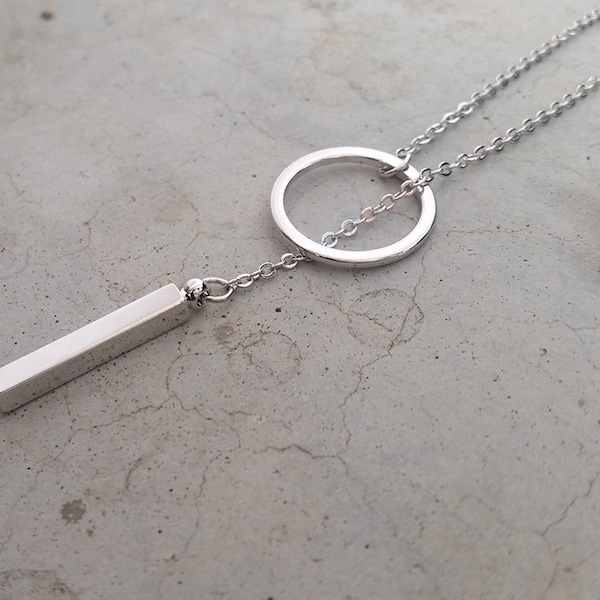 Silver Drop Bar Necklace, Drop Ring Charm Necklace, SIlver Lariat Layered Y Necklce, Y Necklce, Birthday Gift