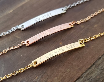 Custom Dainty Gold Silver Coordinates Bracelet, Location GPS Latitude Longitude Personalized Roman Numeral Date Name letter Bracelet